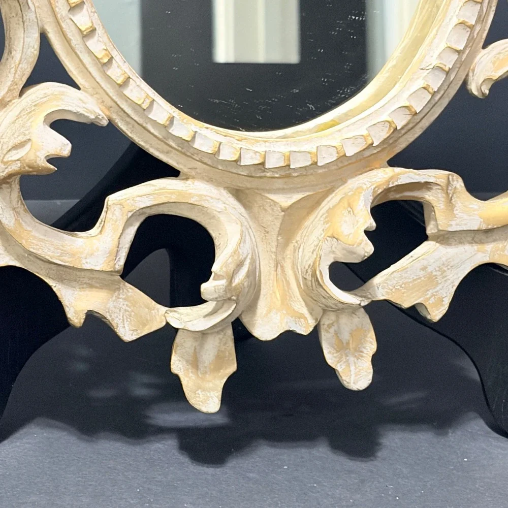 Vtg Cream/Gold Ornate Oval Wall Mirror Baroque/Hollywood Regency Style 15x12.5